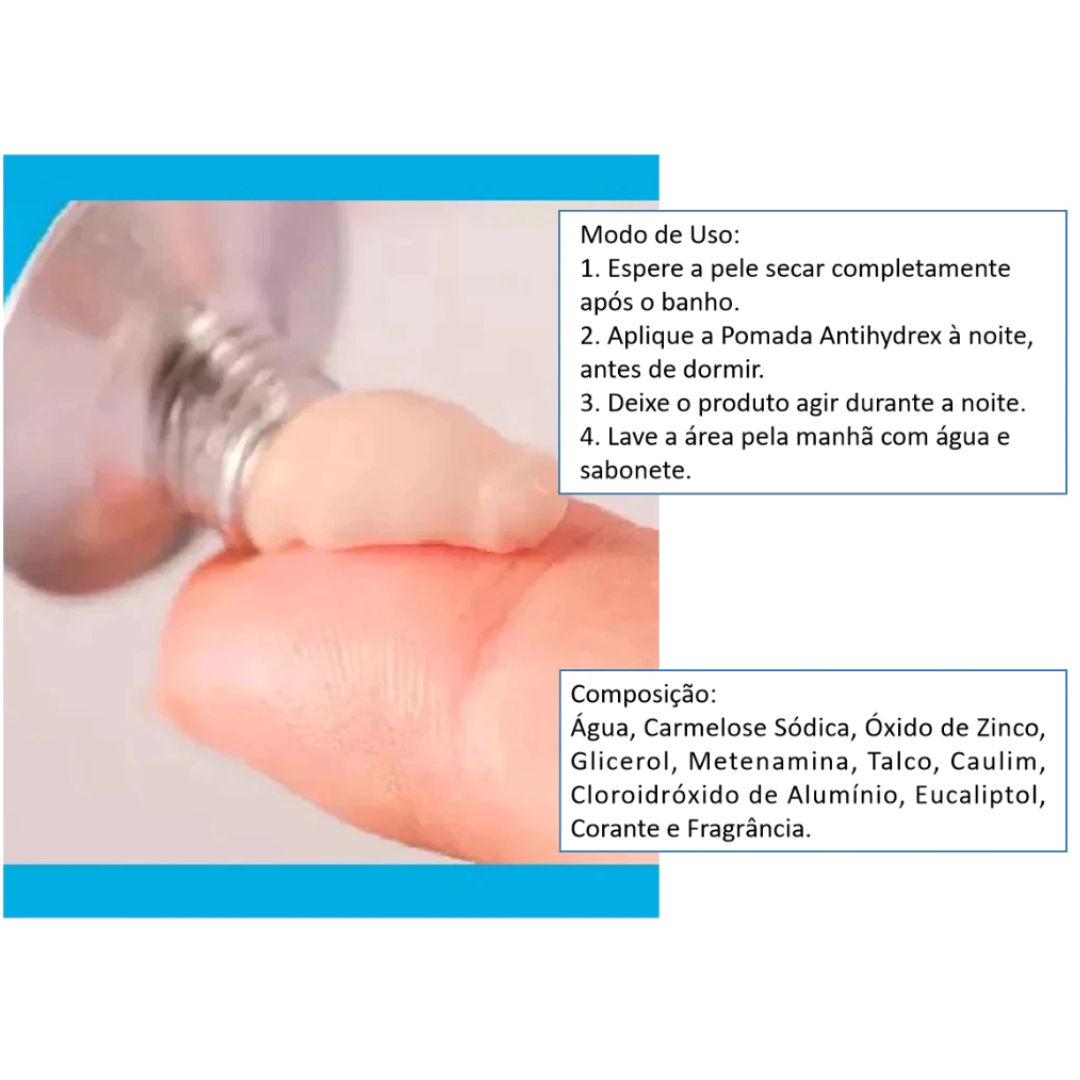 Antihydrex Pomada 70g Hiperidrose Bromidrose Suor Sudorose Chulé Pés Mãos Axilas Similar Antihydral