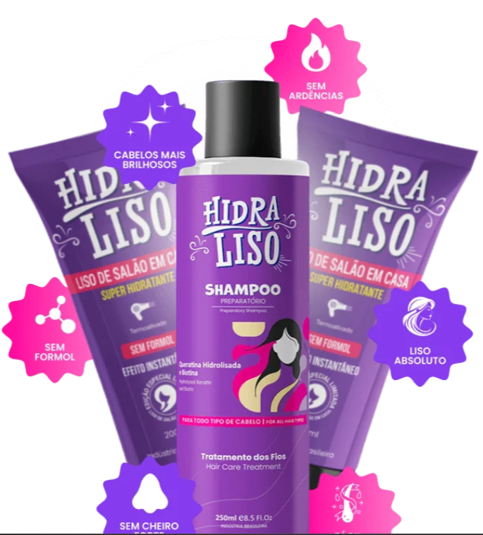 Hidraliso – 1 Progressiva + 1 Shampoo + 1 Termo Spray | Alisamento Sem Formol