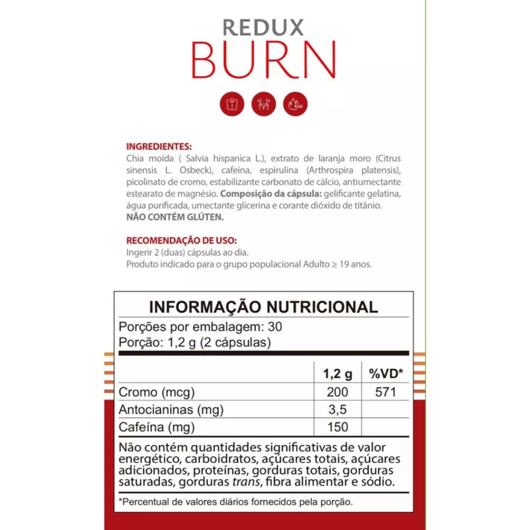 REDUX BURN C/60CÁPS LARANJA MORO CHIA SPIRULINA  LARANJA MORO PICOLINATO DE CROMO E CAFEINA